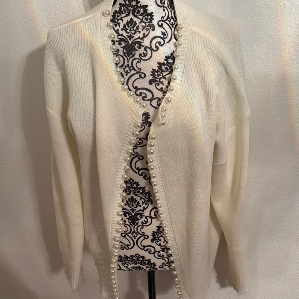 Elegant Pearl-Trimmed White Sweater